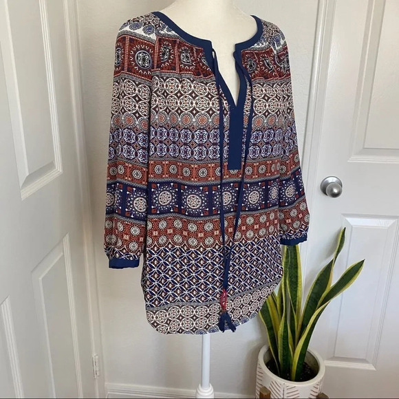 Like New Daniel Rainn Stitch Fix Paisley 3/4 Sleeve Length Blouse with Tassels - Picture 4 of 14